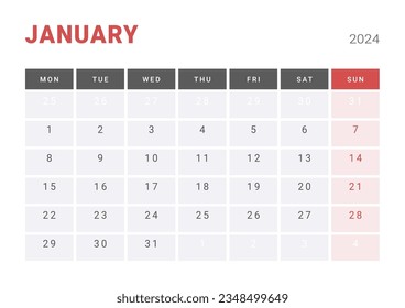 Monthly page Calendar Planner Templates of January 2024. Vector layout of simple calendar with week start Monday for print. Page for size A4 or 21x29.7 cm