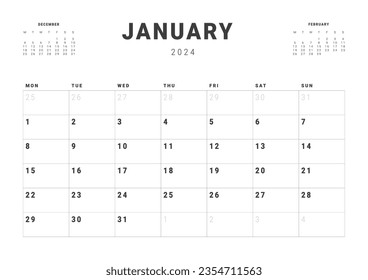 Monthly page Calendar Planner Templates of January 2024. Vector layout of simple calendar with week start Monday for print. Page for size A4 or 21x29.7 cm