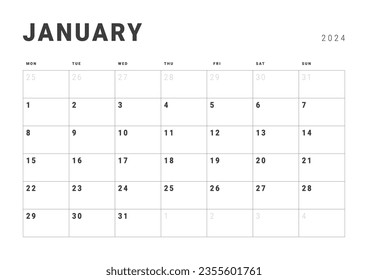Monthly page Calendar Planner Templates of January 2024. Vector layout of simple calendar with week start Monday for print. Page for size A4 or 21x29.7 cm