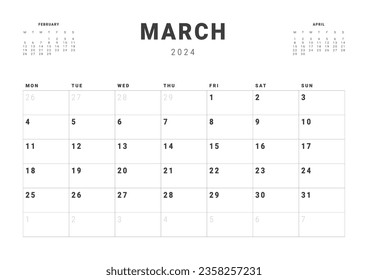 Monthly page Calendar Planner Templates of March 2024. Vector layout of simple calendar with week start Monday for print. Page for size A4 or 21x29.7 cm