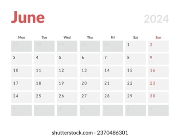 Monthly page Calendar Planner Templates of June 2024. Vector layout of simple calendar with week start Monday for print. Page for size A4 or 21x29.7 cm