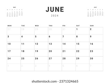 Monthly page Calendar Planner Templates of June 2024. Vector layout of simple calendar with week start Monday for print. Page for size A4 or 21x29.7 cm