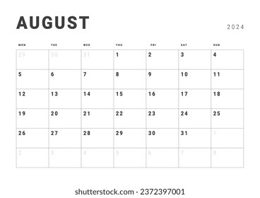 Monthly page Calendar Planner Templates of August 2024. Vector layout of simple calendar with week start Monday for print. Page for size A4 or 21x29.7 cm