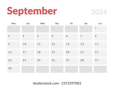 Monthly page Calendar Planner Templates of September 2024. Vector layout of simple calendar with week start Monday for print. Page for size A4 or 21x29.7 cm