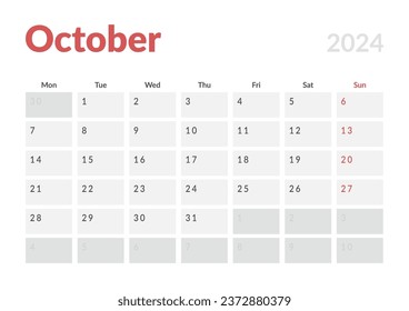 Monthly page Calendar Planner Templates of October 2024. Vector layout of simple calendar with week start Monday for print. Page for size A4 or 21x29.7 cm