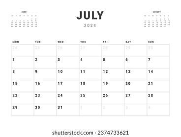 Monthly page Calendar Planner Templates of July 2024. Vector layout of simple calendar with week start Monday for print. Page for size A4 or 21x29.7 cm