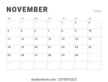 Monthly page Calendar Planner Templates of November 2024. Vector layout of simple calendar with week start Monday for print. Page for size A4 or 21x29.7 cm