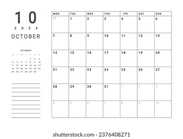 Monthly page Calendar Planner Templates of October 2024 with note. Vector layout of simple calendar with week start Monday for print. Page for size A4 or 21x29.7 cm