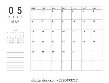 Monthly page Calendar Planner Templates of May 2024 with note. Vector layout of simple calendar with week start Monday for print. Page for size A4 or 21x29.7 cm