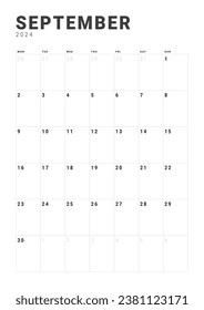 Monthly page Calendar Planner Templates of September 2024. Vector layout of a vertical simple calendar with week start Monday for print. Page for size A4 or 21x29.7 cm