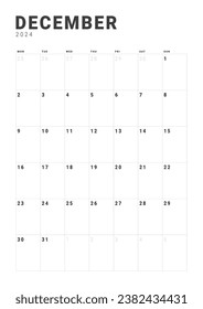 Monthly page Calendar Planner Templates of December 2024. Vector layout of a vertical simple calendar with week start Monday for print. Page for size A4 or 21x29.7 cm