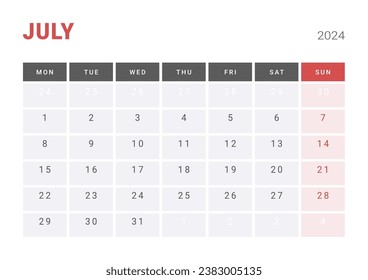 Monthly page Calendar Planner Templates of July 2024. Vector layout of simple calendar with week start Monday for print. Page for size A4 or 21x29.7 cm