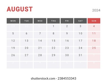 Monthly page Calendar Planner Templates of August 2024. Vector layout of simple calendar with week start Monday for print. Page for size A4 or 21x29.7 cm