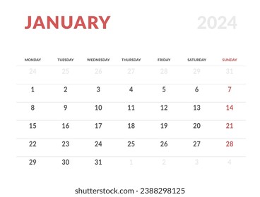 Monthly page Calendar Planner Templates of January 2024. Vector layout of simple calendar with week start Monday for print. Page for size A4 or 21x29.7 cm