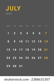 Monthly page Calendar Planner Templates of July 2024. Vector layout of simple calendar with week start Monday for print. Page for size A4 or 21x29.7 cm in dark color