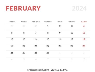 Monthly page Calendar Planner Templates of February 2024. Vector layout of simple calendar with week start Monday for print. Page for size A4 or 21x29.7 cm