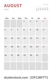 Monthly page Calendar Planner Templates of August 2024. Vector layout of simple calendar with week start Monday for print. Page for size A4 or 21x29.7 cm