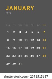 Monthly page Calendar Planner Templates of January 2024. Vector layout of simple calendar with week start Monday for print. Page for size A4 or 21x29.7 cm in dark color
