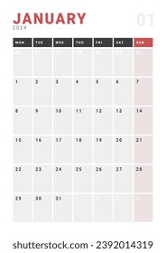 Monthly page Calendar Planner Templates of January 2024. Vector layout of simple calendar with week start Monday for print. Page for size A4 or 21x29.7 cm