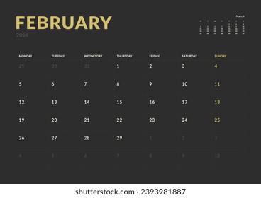 Monatliche Kalenderplanvorlagen vom Februar 2024. Vektorlayout des einfachen Kalenders mit Wochenstart Montag für Druck. Seite für die Größe A4 oder 21 x 29,7 cm in dunkler Farbe