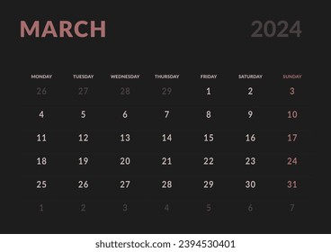 Monthly page Calendar Planner Templates of March 2024. Vector layout of simple calendar with week start Monday for print. Page for size A4 or 21x29.7 cm in dark color