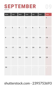 Monthly page Calendar Planner Templates of September 2024. Vector layout of simple calendar with week start Monday for print. Page for size A4 or 21x29.7 cm