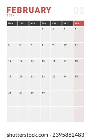 Monthly page Calendar Planner Templates of February 2024. Vector layout of simple calendar with week start Monday for print. Page for size A4 or 21x29.7 cm