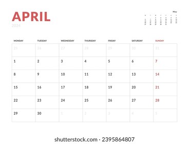 Monthly page Calendar Planner Templates of April 2024. Vector layout of simple calendar with week start Monday for print. Page for size A4 or 21x29.7 cm