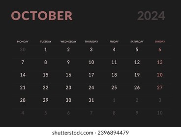 Página mensual Calendario Planner Plantillas de octubre de 2024. Diseño vectorial de calendario simple con semana de inicio lunes para impresión. Página para el tamaño A4 o 21x29,7 cm en color oscuro