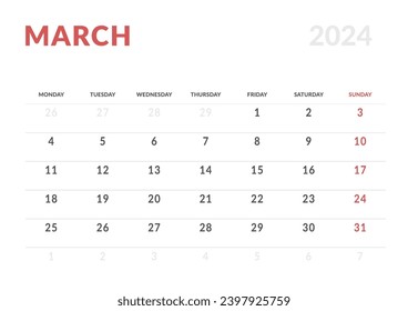 Monthly page Calendar Planner Templates of March 2024. Vector layout of simple calendar with week start Monday for print. Page for size A4 or 21x29.7 cm