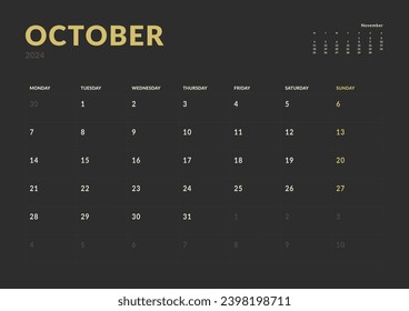 Monthly page Calendar Planner Templates of October 2024. Vector layout of simple calendar with week start Monday for print. Page for size A4 or 21x29.7 cm in dark color
