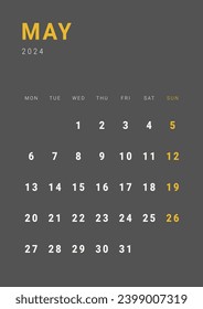 Monthly page Calendar Planner Templates of May 2024. Vector layout of simple calendar with week start Monday for print. Page for size A4 or 21x29.7 cm in dark color