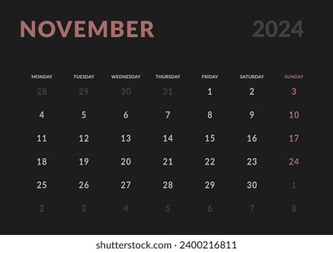 Monthly page Calendar Planner Templates of November 2024. Vector layout of simple calendar with week start Monday for print. Page for size A4 or 21x29.7 cm in dark color