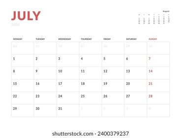 Monthly page Calendar Planner Templates of July 2024. Vector layout of simple calendar with week start Monday for print. Page for size A4 or 21x29.7 cm