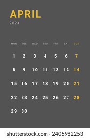 Monthly page Calendar Planner Templates of April 2024. Vector layout of simple calendar with week start Monday for print. Page for size A4 or 21x29.7 cm in dark color