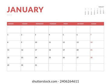 Monthly page Calendar Planner Templates of January 2024. Vector layout of simple calendar with week start Monday for print. Page for size A4 or 21x29.7 cm