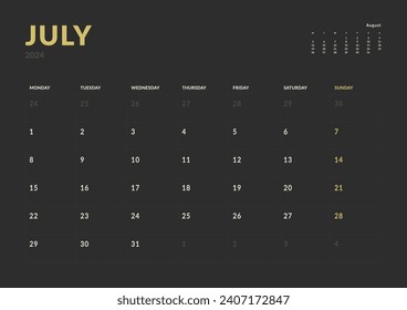 Monthly page Calendar Planner Templates of July 2024. Vector layout of simple calendar with week start Monday for print. Page for size A4 or 21x29.7 cm in dark color