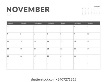Monthly page Calendar Planner Templates of November 2024. Vector layout of simple calendar with week start Monday for print. Page for size A4 or 21x29.7 cm