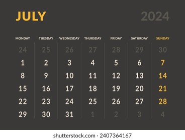 Monthly page Calendar Planner Templates of July 2024. Vector layout of simple calendar with week start Monday for print. Page for size A4 or 21x29.7 cm in dark color