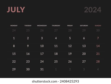 Monthly page Calendar Planner Templates of July 2024. Vector layout of simple calendar with week start Monday for print. Page for size A4 or 21x29.7 cm in dark color