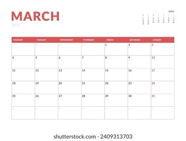 Monthly page Calendar Planner Templates of March 2024. Vector layout of simple calendar with week start Monday for print. Page for size A4 or 21x29.7 cm