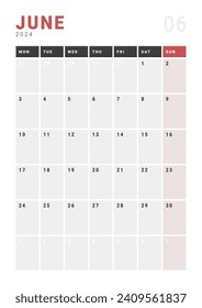Monthly page Calendar Planner Templates of June 2024. Vector layout of simple calendar with week start Monday for print. Page for size A4 or 21x29.7 cm