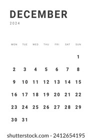 Monthly page Calendar Planner Templates of December 2024. Vector layout of simple calendar with week start Monday for print. Page for size A4 or 21x29.7 cm