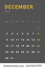 Monthly page Calendar Planner Templates of December 2024. Vector layout of simple calendar with week start Monday for print. Page for size A4 or 21x29.7 cm in dark color