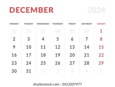 Monthly page Calendar Planner Templates of December 2024. Vector layout of simple calendar with week start Monday for print. Page for size A4 or 21x29.7 cm