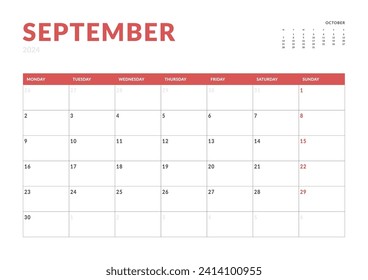 Monthly page Calendar Planner Templates of September 2024. Vector layout of simple calendar with week start Monday for print. Page for size A4 or 21x29.7 cm