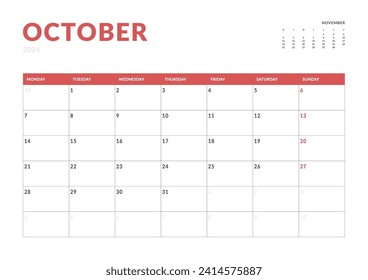 Monthly page Calendar Planner Templates of October 2024. Vector layout of simple calendar with week start Monday for print. Page for size A4 or 21x29.7 cm