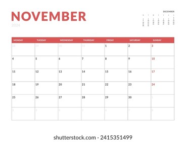 Monthly page Calendar Planner Templates of November 2024. Vector layout of simple calendar with week start Monday for print. Page for size A4 or 21x29.7 cm