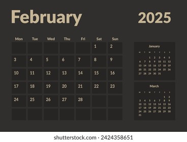 Monthly page Calendar Planner Templates of February 2024. Vector layout of simple calendar with week start Monday for print. Page for size A4 or 21x29.7 cm in dark color