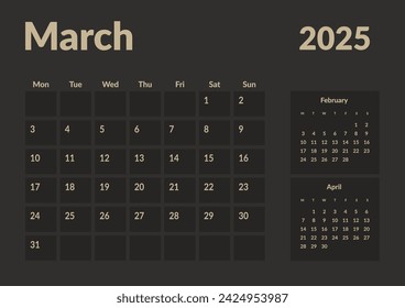 Monthly page Calendar Planner Templates of March 2024. Vector layout of simple calendar with week start Monday for print. Page for size A4 or 21x29.7 cm in dark color